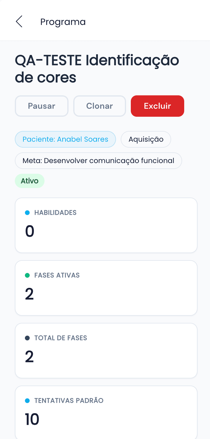 Programa ABA no app Wayfly com fases, habilidades e tentativas padrão