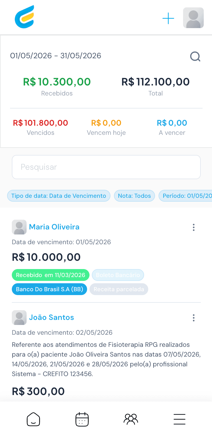Contas a receber no app Wayfly com totais e lista de cobranças por paciente