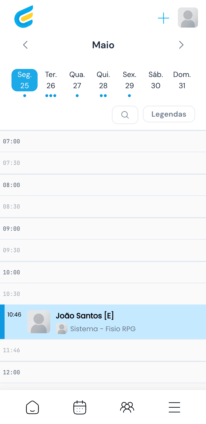 App Wayfly mostrando a agenda do dia com atendimentos