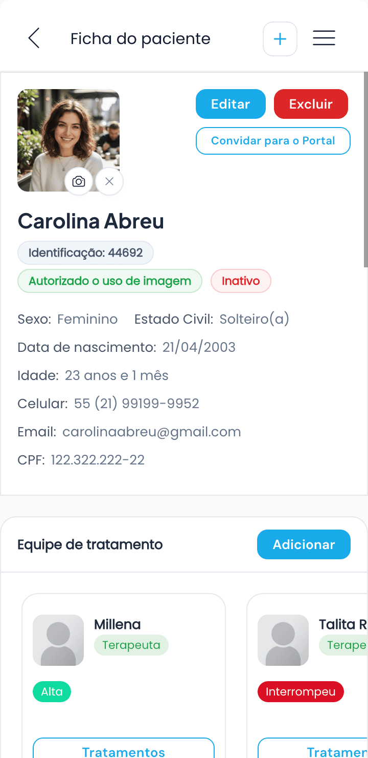 App Wayfly mostrando a ficha do paciente com dados e equipe de tratamento